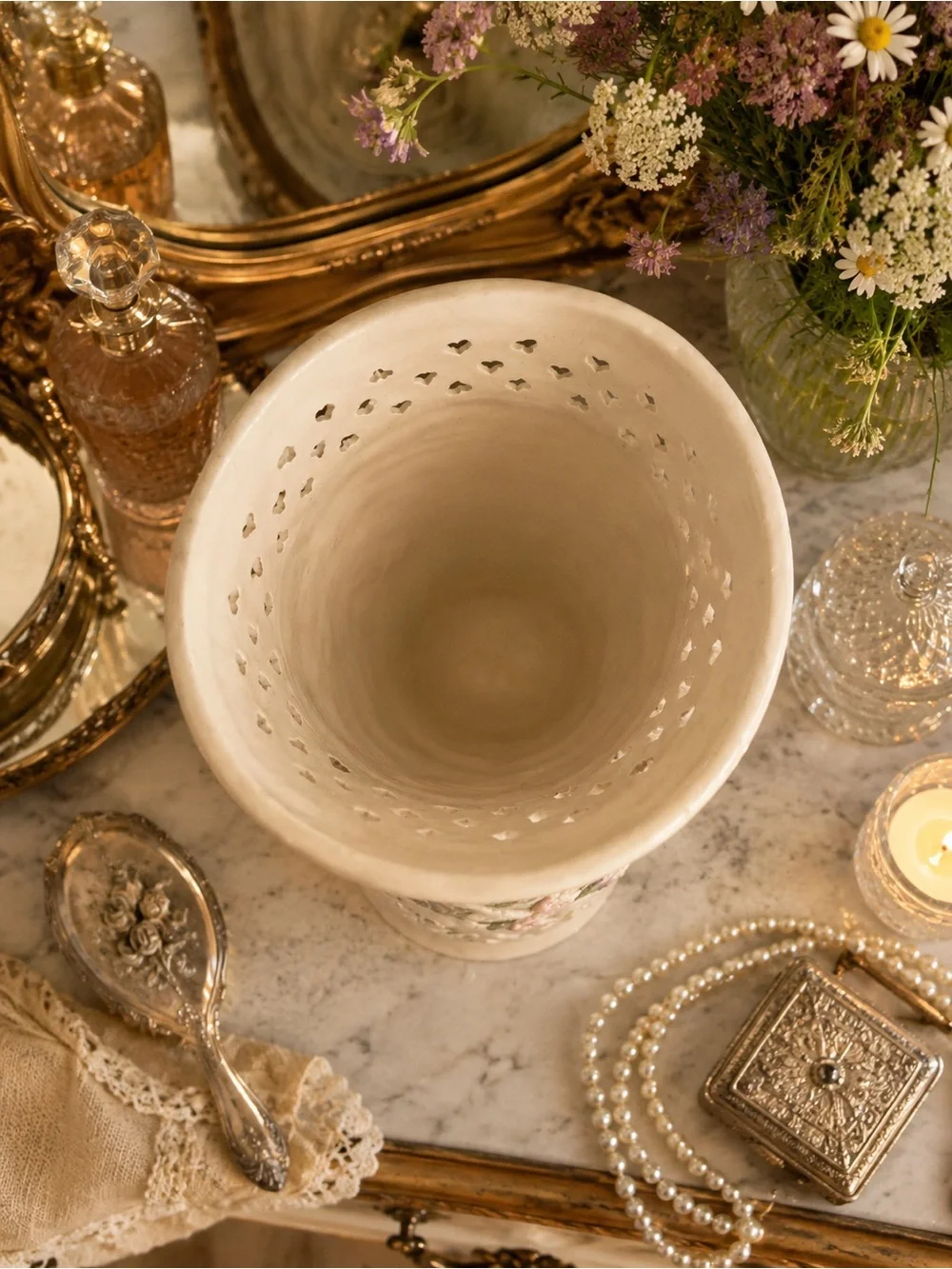 Vintage Ivory Pierced Floral Ceramic Vase | Raised Flowers | Cottagecore Decor